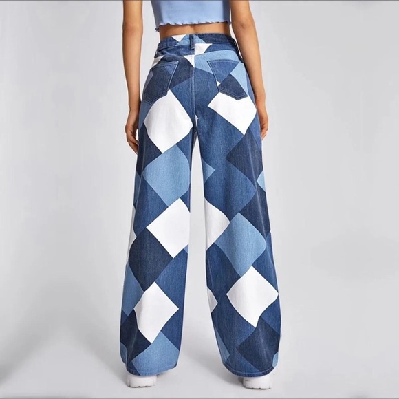 Diamond Patchwork Jesns Wide-Leg Denim – Statement Edition - Picture 13 of 14